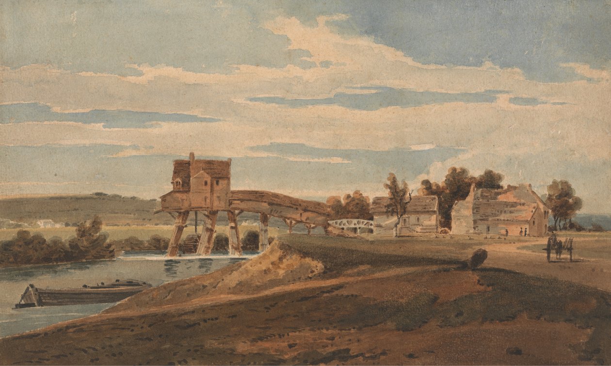 O moinho de água acima da ponte em Charenton (wc sobre grafite sobre papel colocado no monte contemporâneo) de Thomas after Girtin