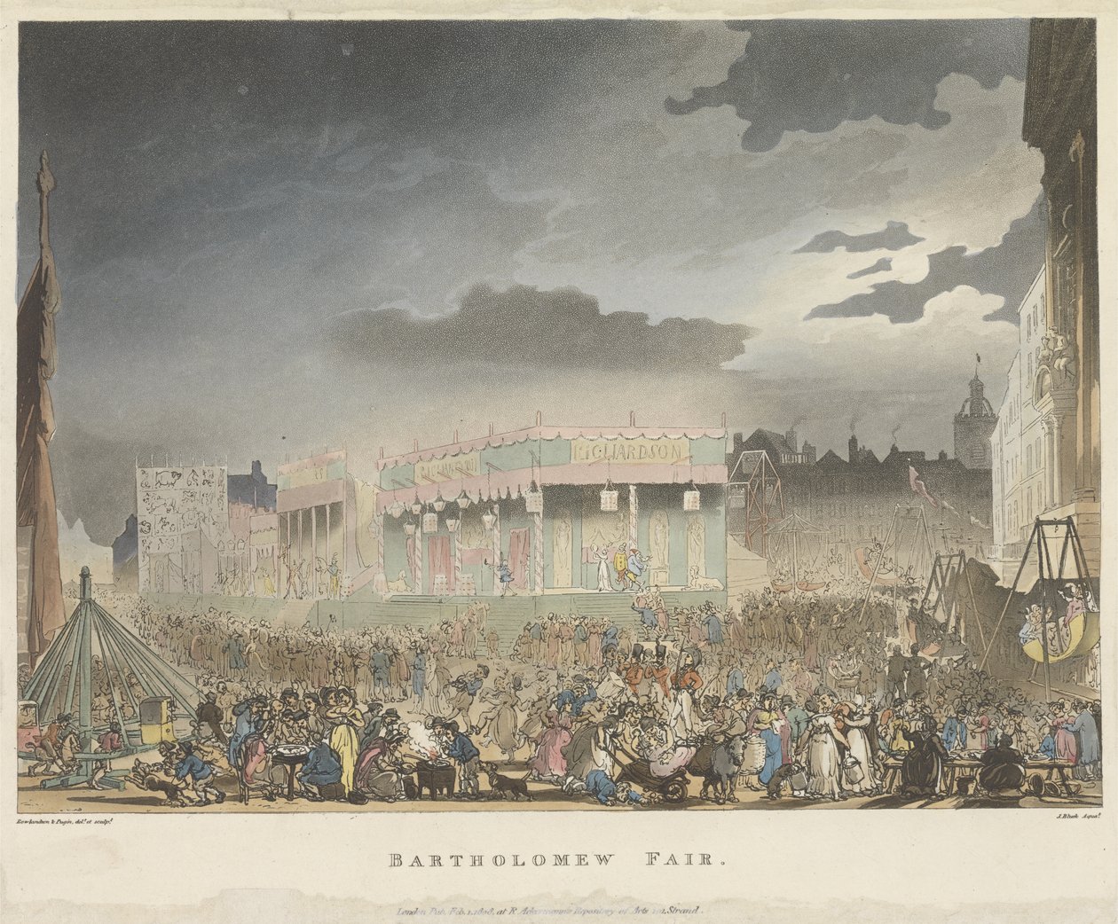 Bartholomew Fair, do Microcosmo de Londres, ou Londres em Miniatura, vol. Eu, por Rudolph Ackerman, gravado por J. Bluch de Thomas after Rowlandson