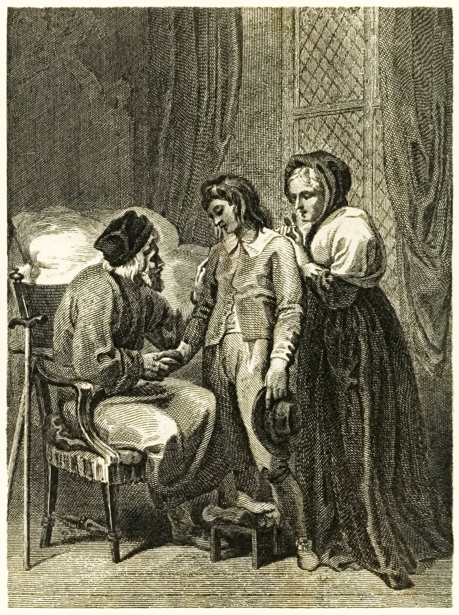 Robinson Crusoe ilustração do frontispício mostrando Crusoe se despedindo de seu pai e mãe. Da vida e estranhas aventuras surpreendentes de Robinson Crusoé, ou York, Mariner de Daniel Defoe de Thomas Stothard