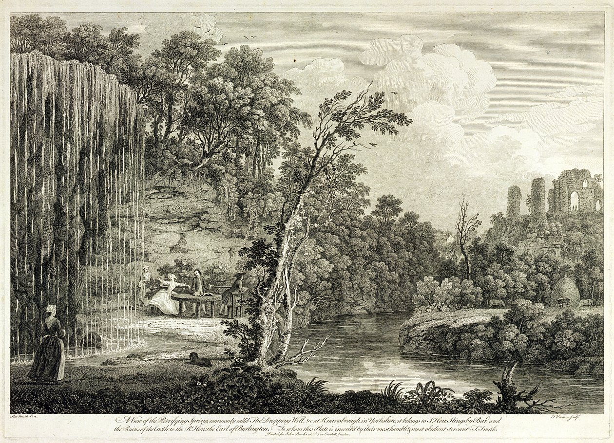 Vista da primavera petrificante comumente chamado de poço caindo em Knaresborough em Yorkshire, gravado por Francois Vivares (1709-80) de Thomas of Derby Smith