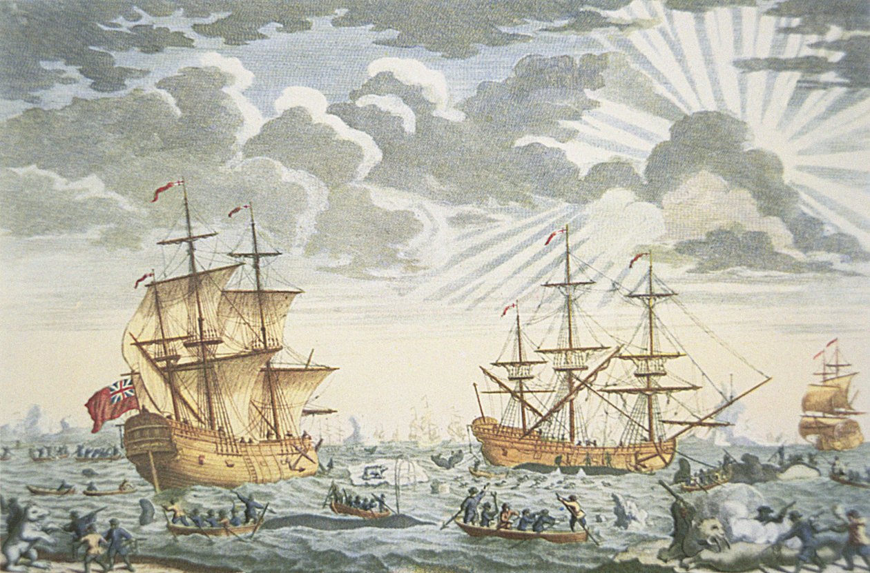 The Greenland or Whale Fishery, gravado por E. Kirkall, c.1720 (cor litho) de Thomas (after) Baston