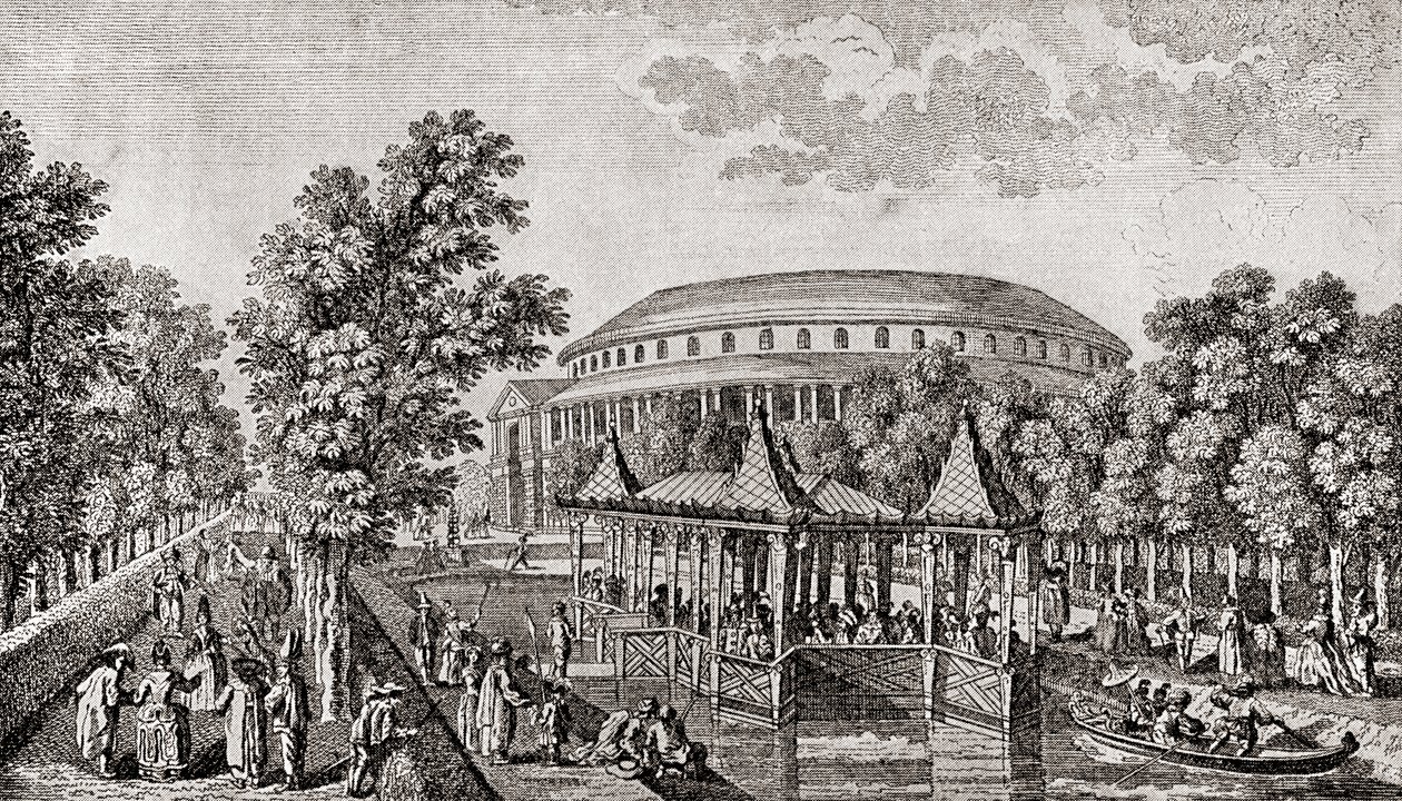Ranelagh Gardens, Chelsea, Londres, Inglaterra. O exterior da Rotunda em Ranelagh Gardens, a "Casa Chinesa", e parte do terreno, após a gravura de Thomas Bowles de Thomas (after) Bowles