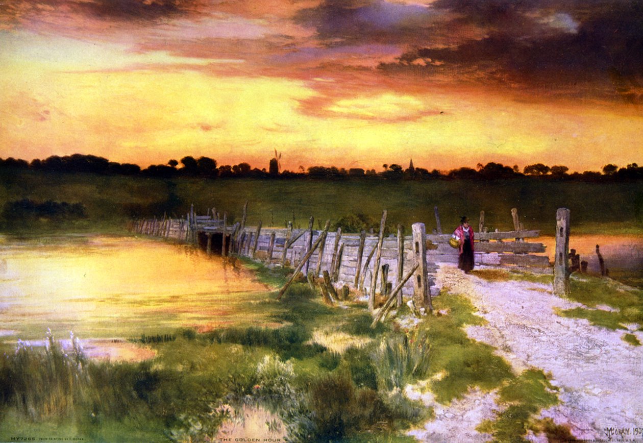A Hora de Ouro", c1912. Depois de Thomas Moran (1837-1926), artista americano nascido em inglês. Landscape Sunset Evening River Road Bridge Wooden Peace Tranquillity de Thomas (after) Moran