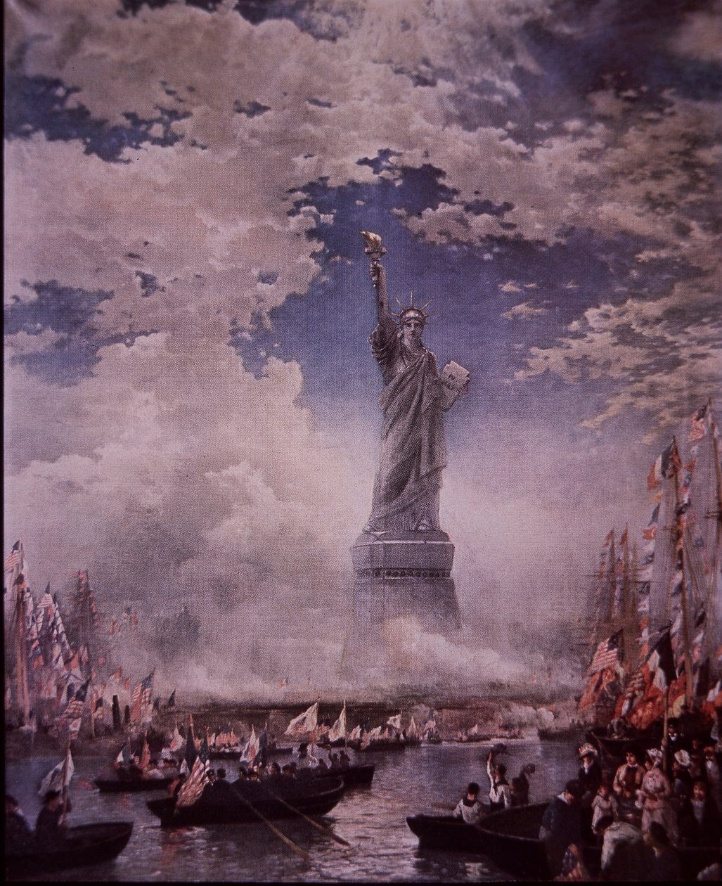Descerramento da Estátua da Liberdade no Porto de Nova Iorque, 28 de Outubro de 1886 (cor litho) de Thomas (after) Moran