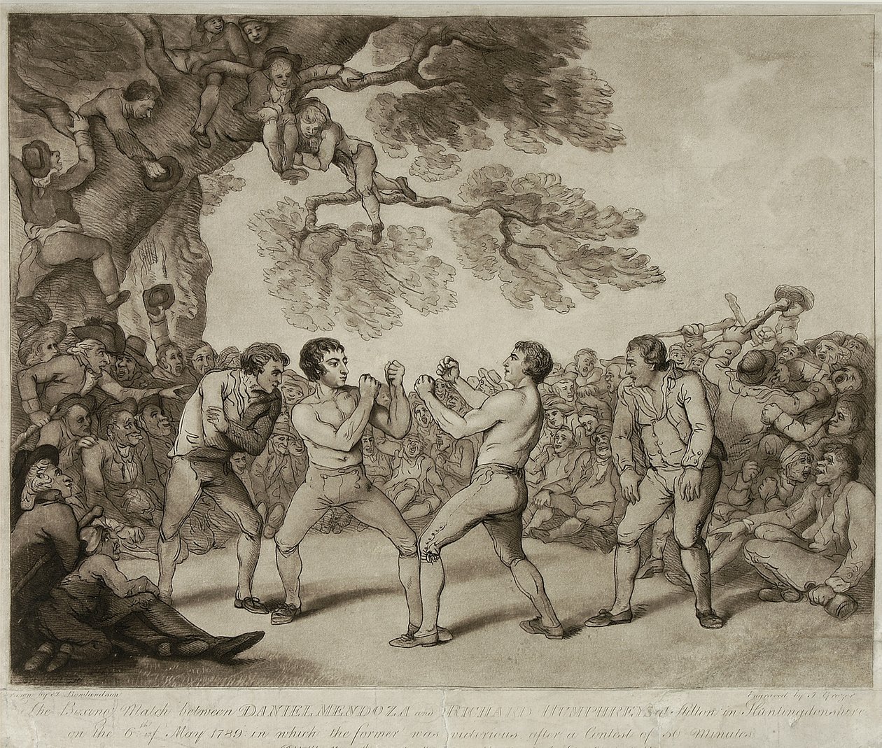 O Jogo de Boxe entre Daniel Mendoza e Richard Humphreys em Stilton, Huntingdonshire, 6 de maio de 1789, gravado por Joseph Grozer (c.1755-99) (gravura) de Thomas (after) Rowlandson