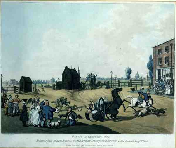Views of London, No. 6: Entrada de Hackney ou Cambridge Heath Turnpike com vista distante de St. Paul