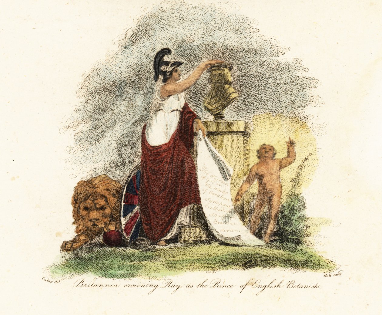 Britannia coroando John Ray como o Príncipe dos Botânicos ingleses.1806 (gravura) de Thomas (after) Uwins