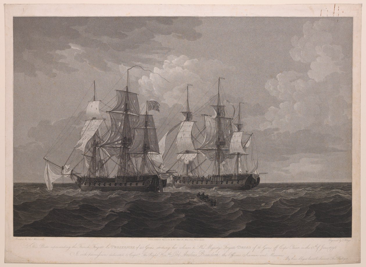 Esta placa, que representa a fragata francesa La Proserpine, de 40 canhões, batendo com as suas cores na fragata Dryad, de 36 canhões, de Sua Majestade, ao largo de Cape Clear, em 13 de junho de 1796, é dedicada ao capitão Amelius Beauclerk. Lord Amelius B de Thomas (after) Whitcombe