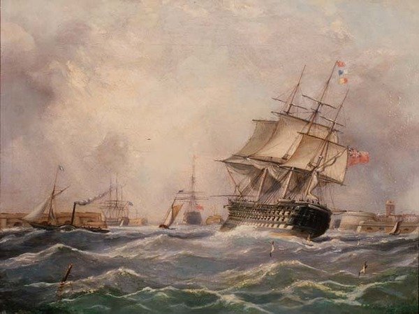 Navio de guerra britânico ao largo de Portsmouth de Thomas (attr. to) Buttersworth
