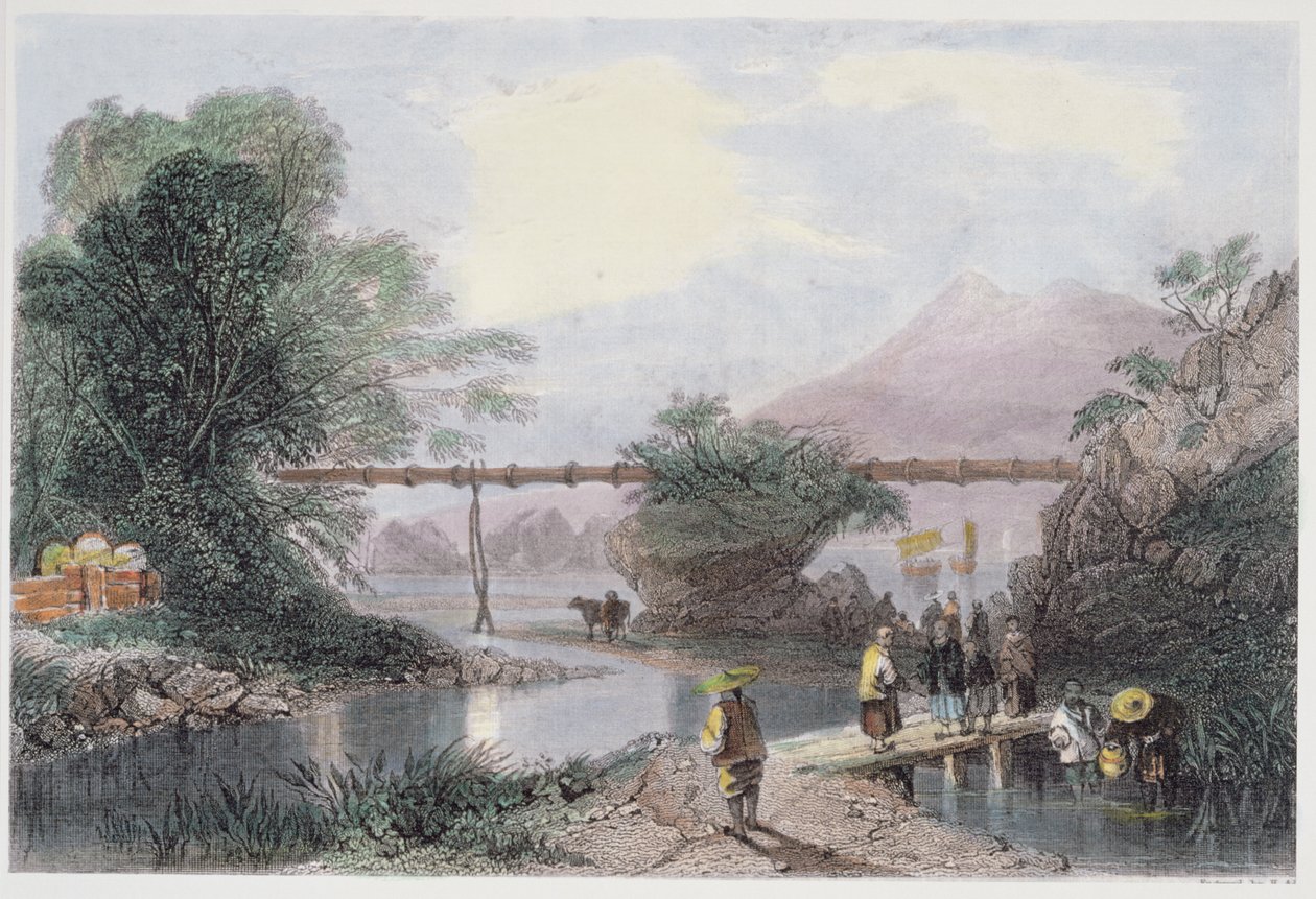 Aqueduto de bambu em Hong Kong, gravado por Henry Adlard, de &39;China em uma série de vistas&39; por George Newenham Wright (c.1790-1877) 1843 de Thomas Allom