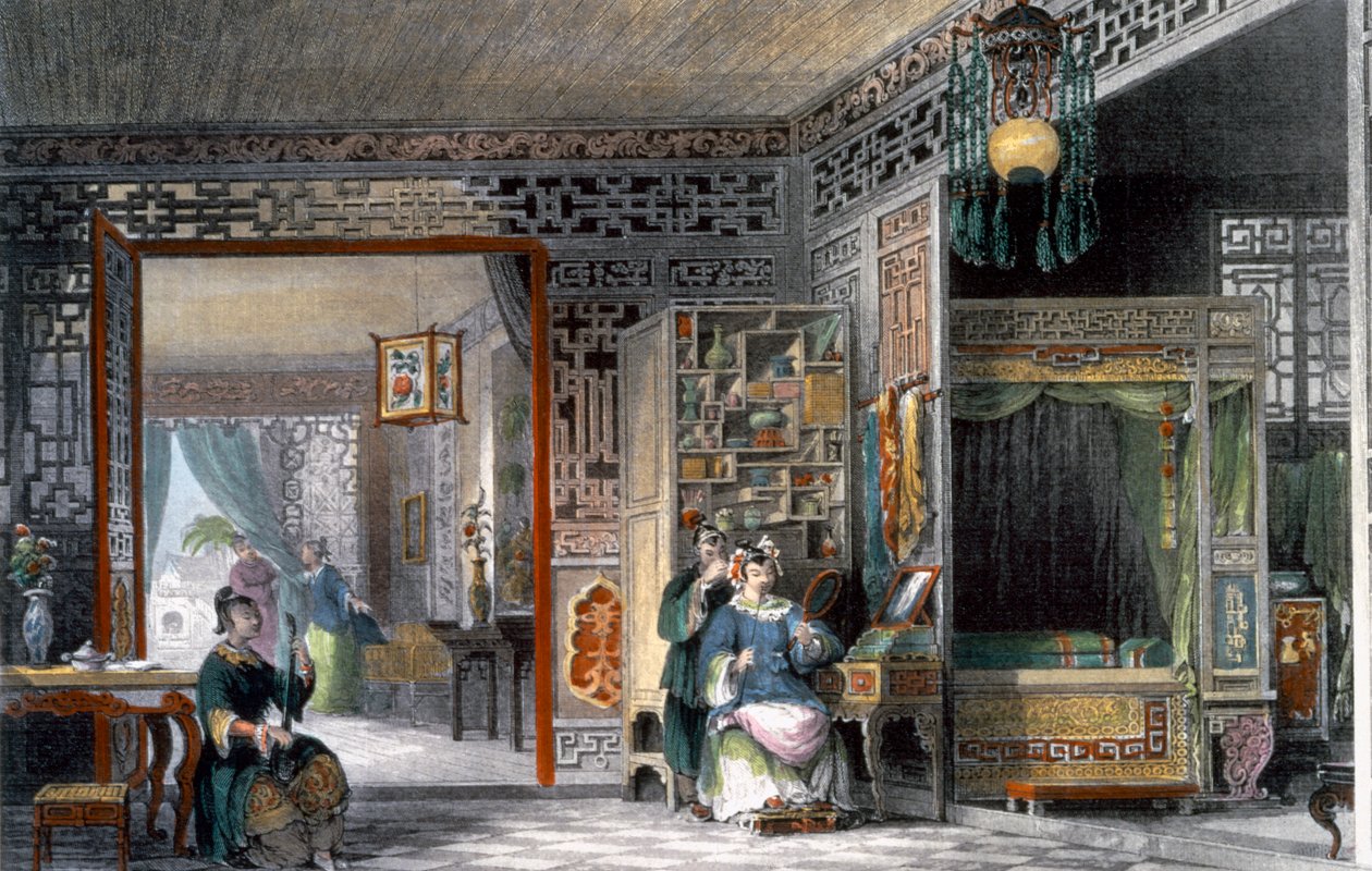 Boudoir e quarto de uma dama de posição, China, 1843 de Thomas Allom