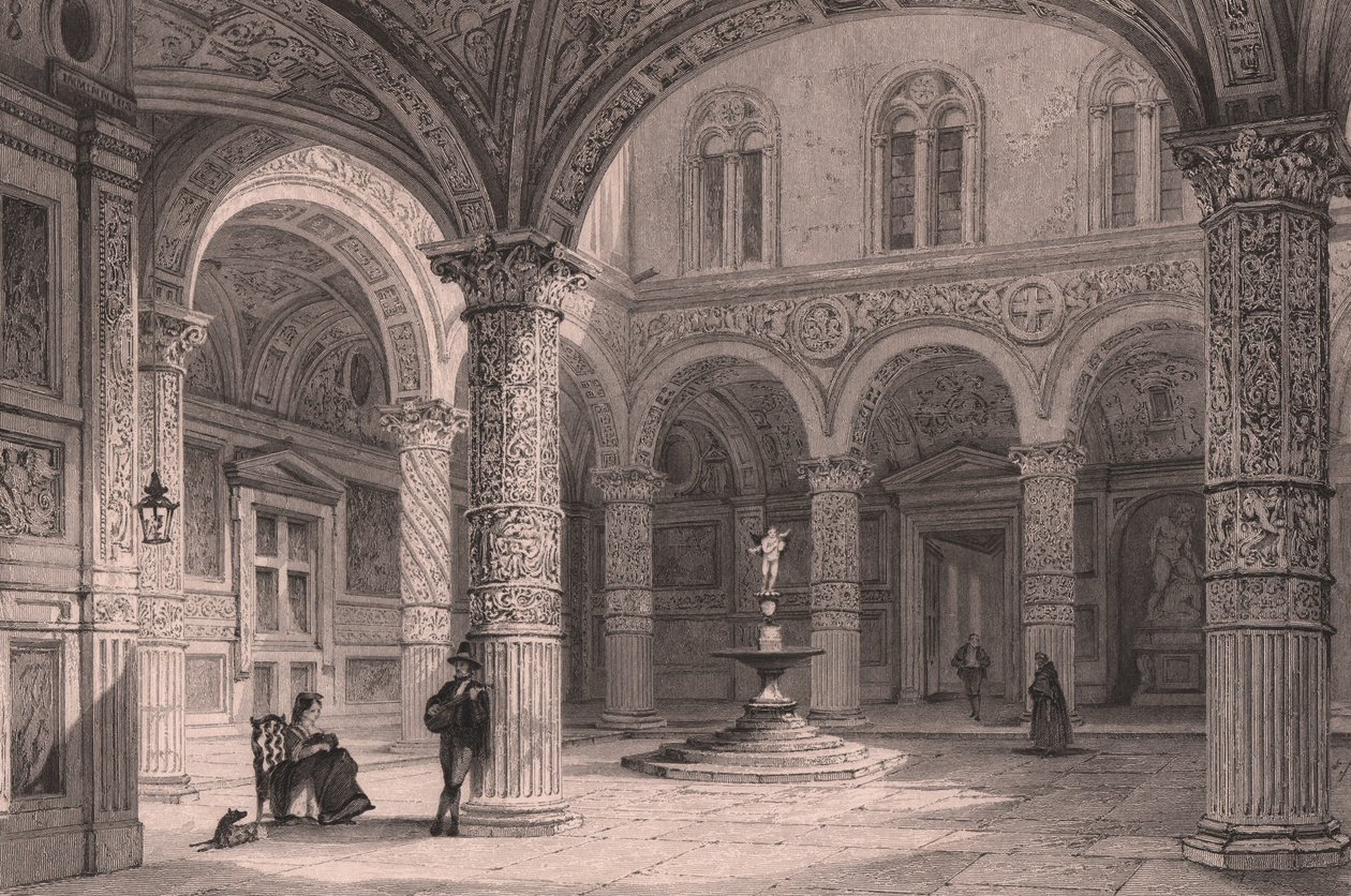 Pátio do Palazzo Vecchio em Florença, Toscana, Itália, gravura em aço de James Tingle (activo cerca de 1830-1860) após desenho de Thomas Allom (1804-1872), cerca de 21x15 cm de Thomas Allom
