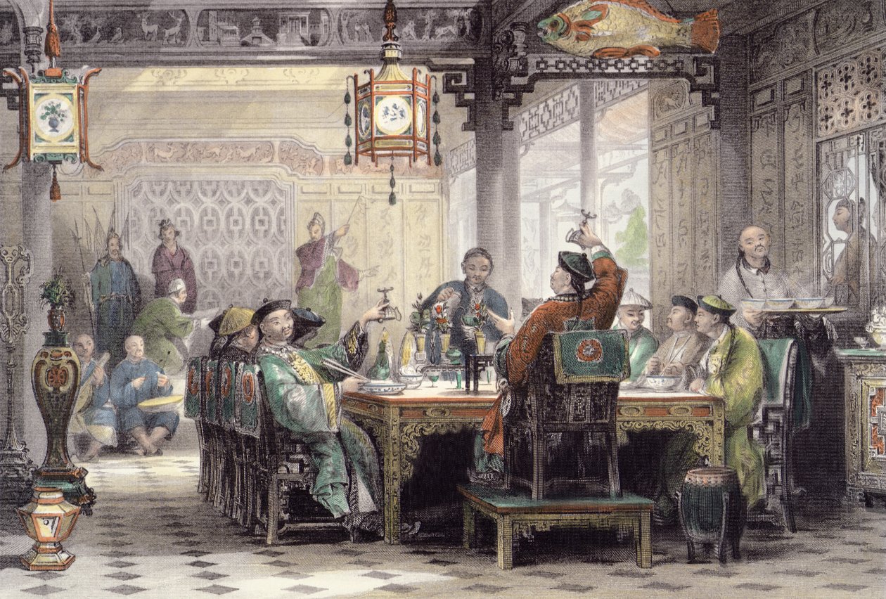 Festa de jantar em uma casa de mandarim, de &39;China em uma série de exibições&39; por George Newenham Wright (c.1790-1877) gravado por G. Paterson, 1843 de Thomas Allom