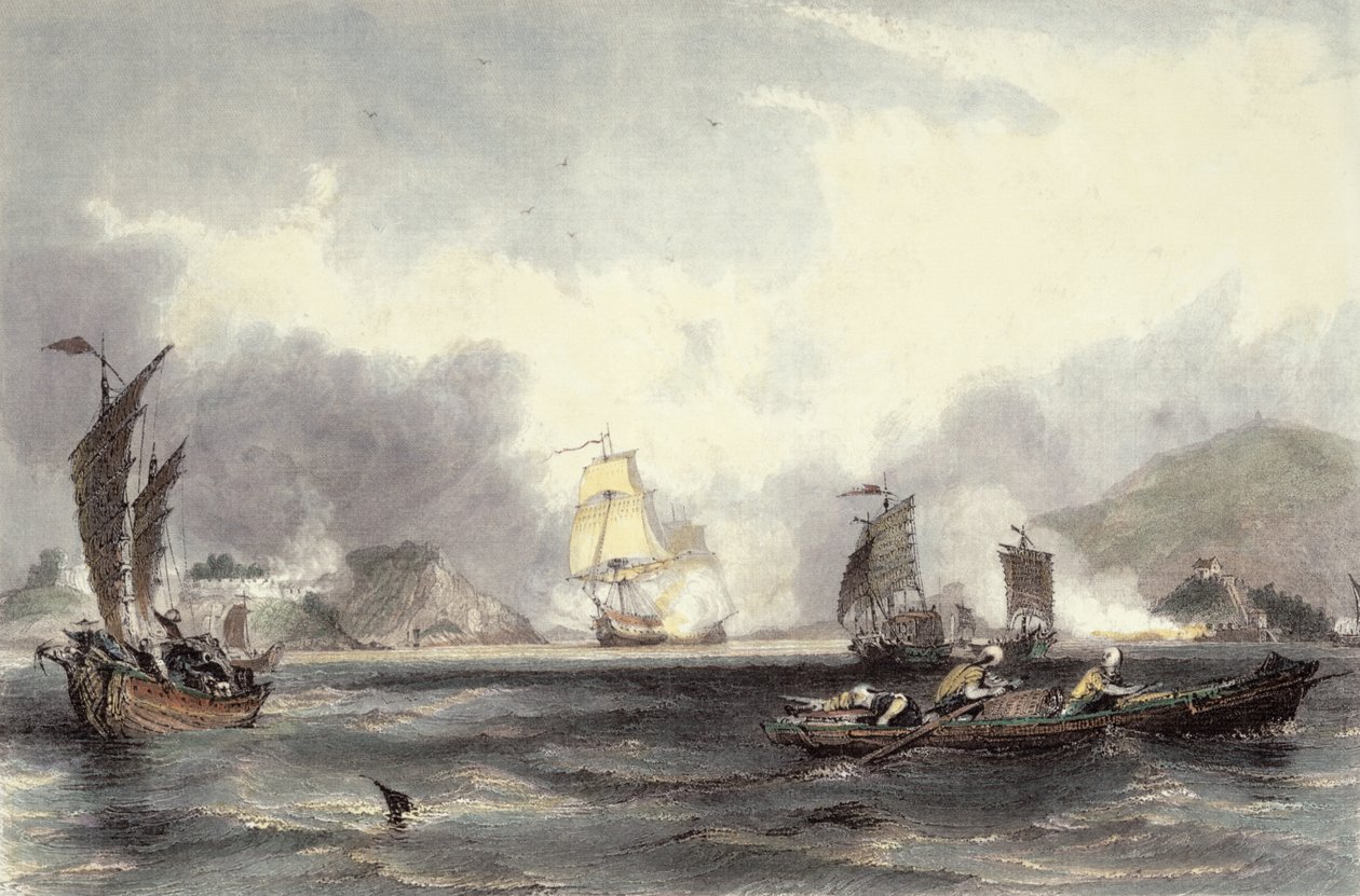 HM embarca Imogene e Andrômaca passando as baterias do Bocca-Tigre, c.1850 de Thomas Allom