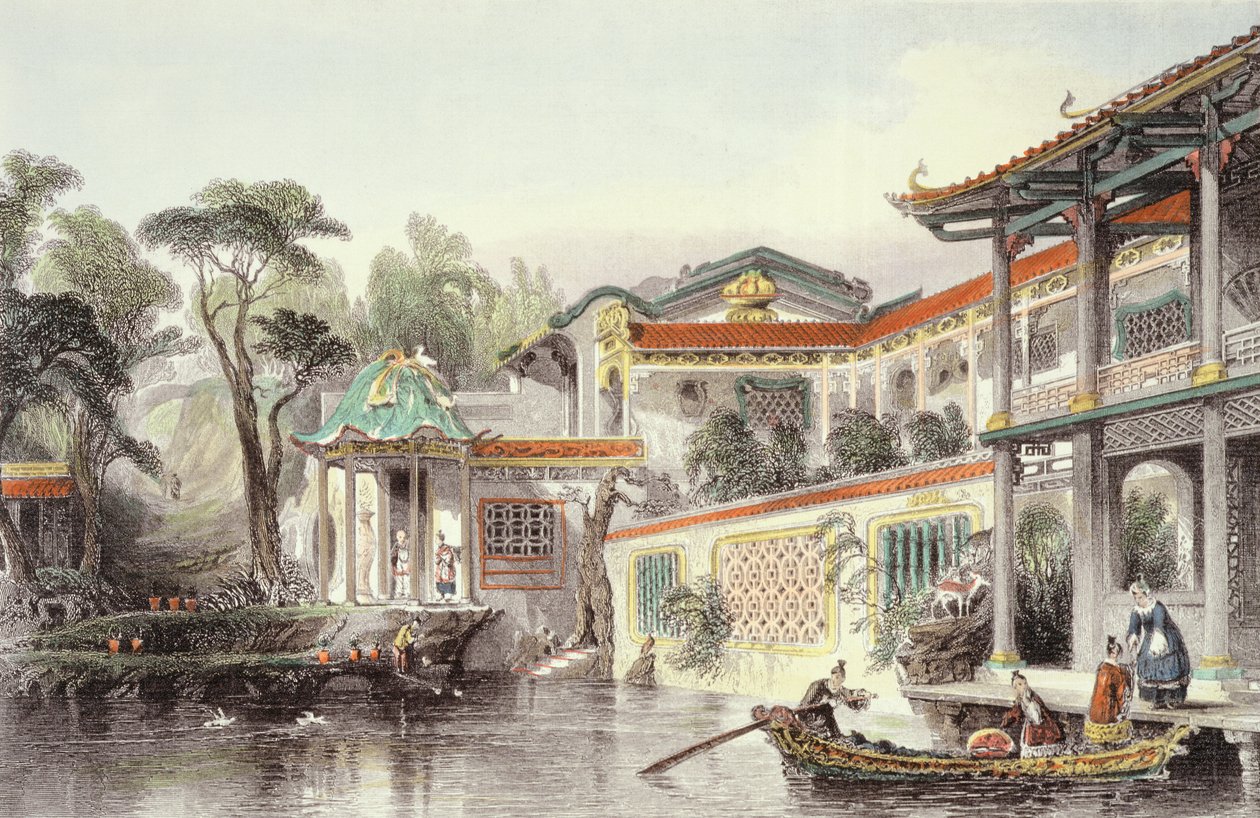 Casa de Conseequa, um comerciante chinês, nos subúrbios de Canton, da "China em uma série de vistas", de George Newenham Wright (c.1790-1877) 1843 de Thomas Allom