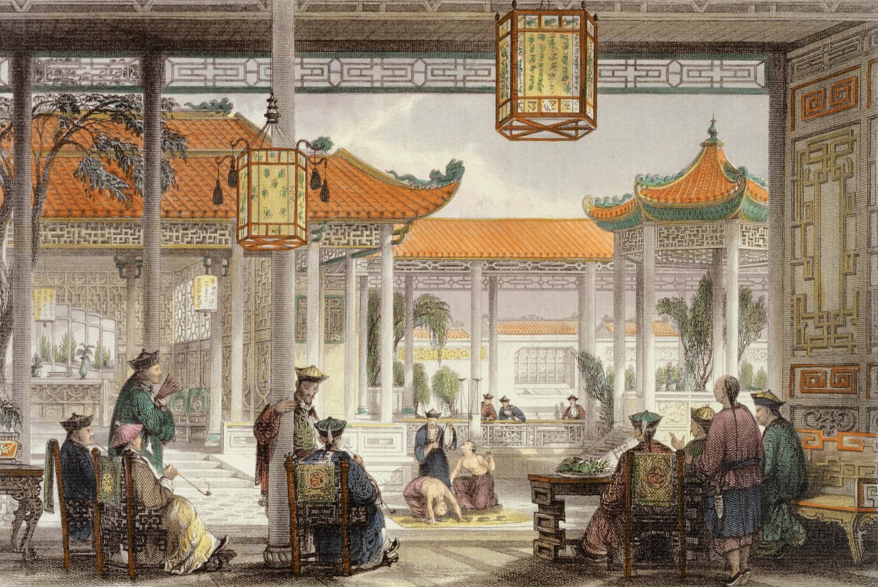Malabaristas exibindo no Tribunal de um palácio de mandarim, de &39;China em uma série de pontos de vista&39; por George Newenham Wright (c.1790-1877) 1843 de Thomas Allom