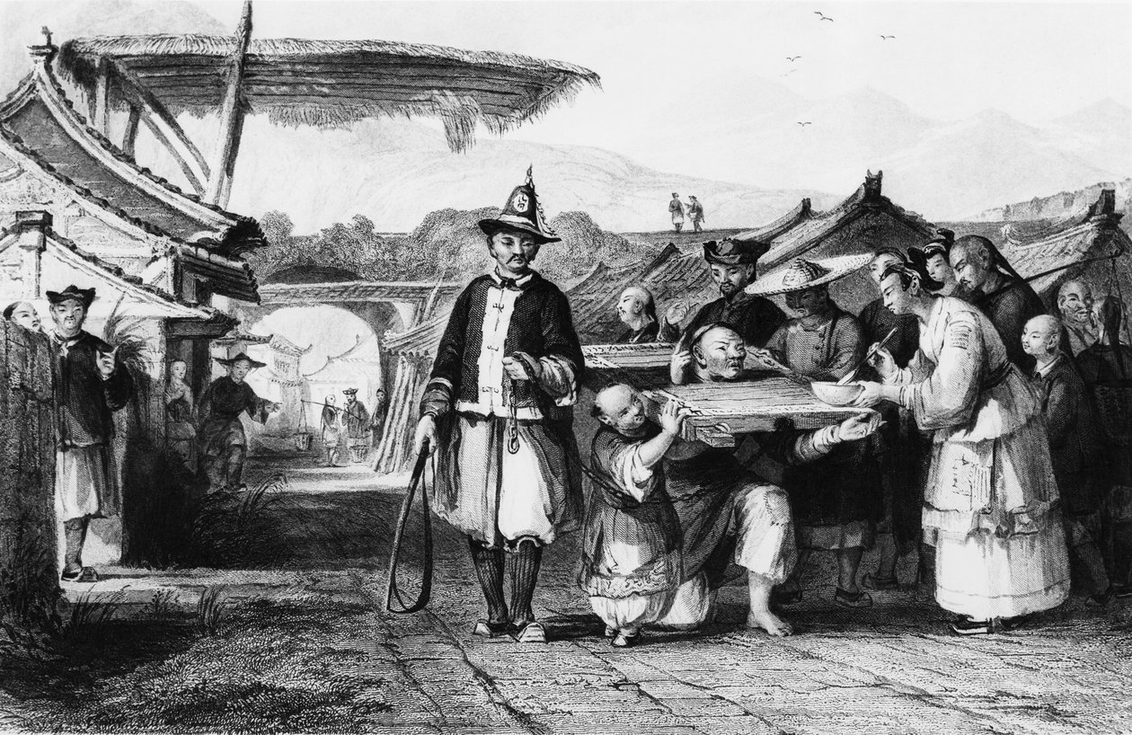Castigo usando tcha ou cangue (jugo de madeira ou pelourinho), gravura de Thomas Allom (1804-1872) do Império Chinês de Thomas Allom