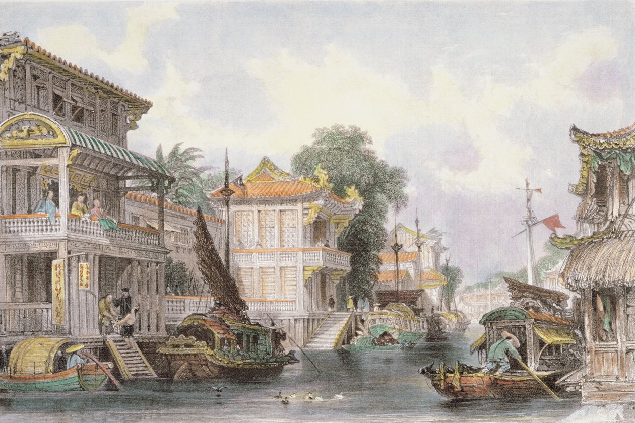 Cena no Canal Horan perto de Canton, c.1850 de Thomas Allom