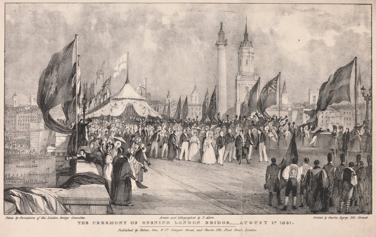 A Cerimónia de Abertura da Ponte de Londres com a Velha Ponte de Londres no Antecedente de Thomas Allom