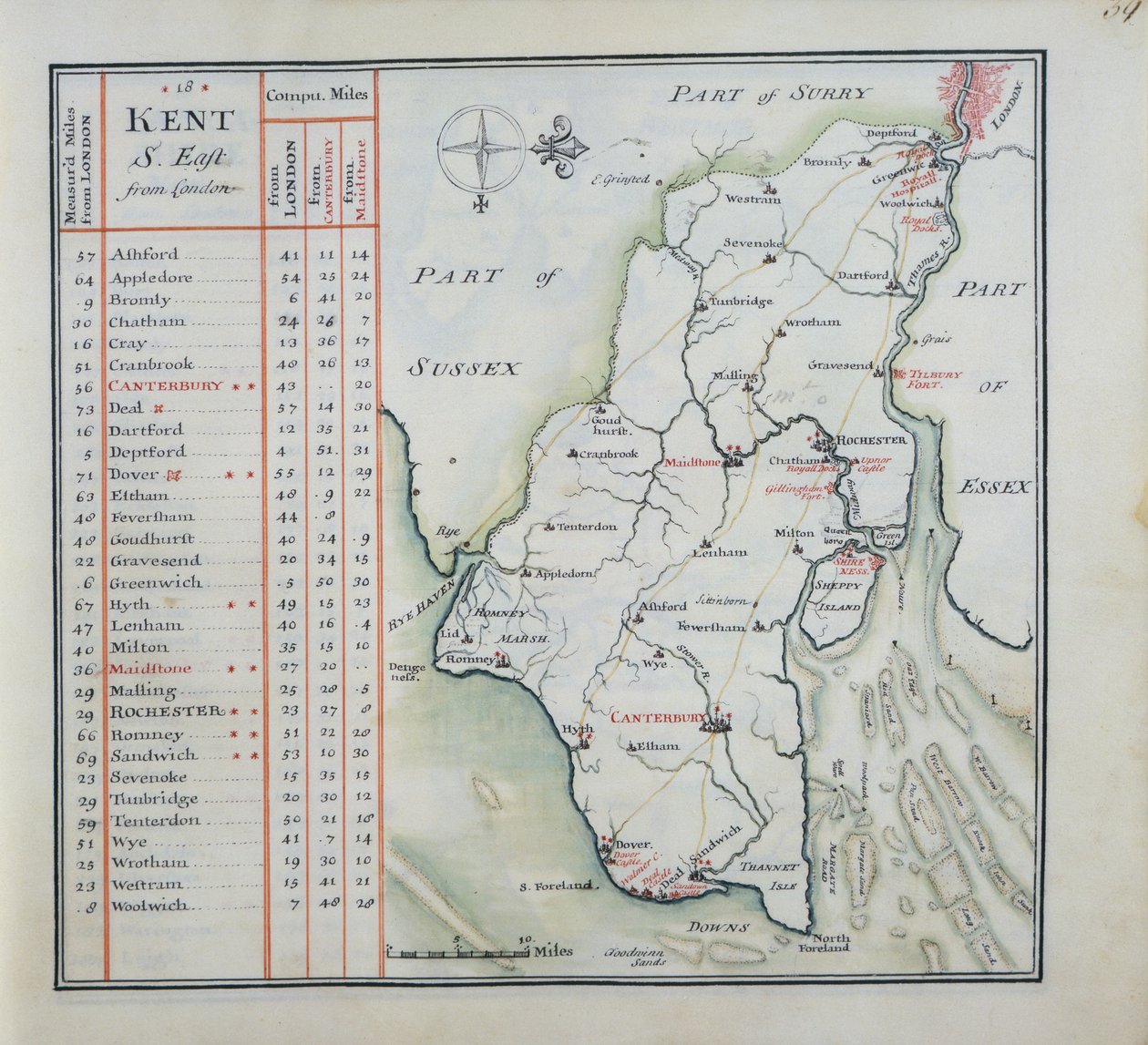 Kent, placa 39r, de A Compleat Sett de Mapps da Inglaterra e País de Gales em General ..., 1724 (caneta e tinta e wc no papel) de Thomas Badeslade