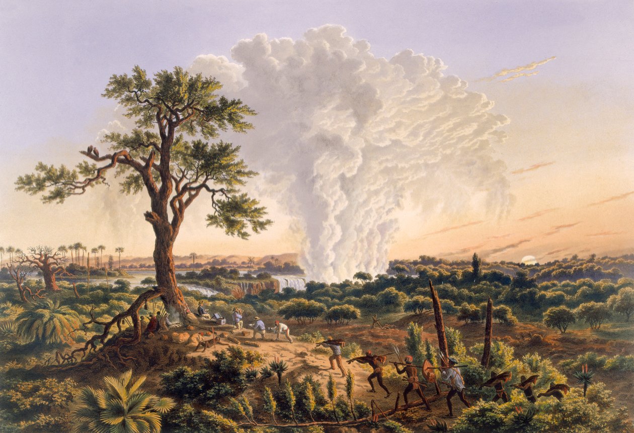 The Falls by Sunrise com a nuvem de spray subindo 1.200 pés, pub. 1865. de Thomas Baines