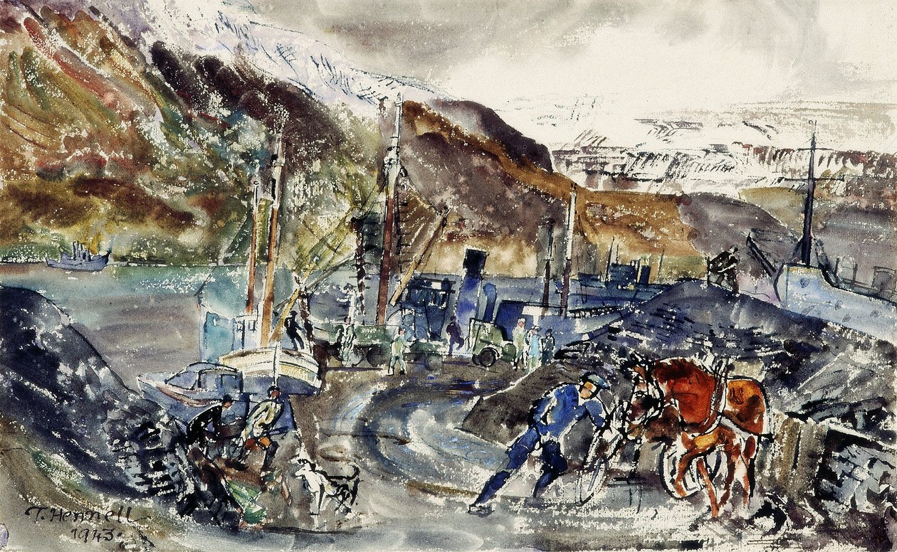 Carrinho de carvão local e arrastões, Seydisfjordur, Islândia (aguarela sobre papel) de Thomas Barclay Hennell