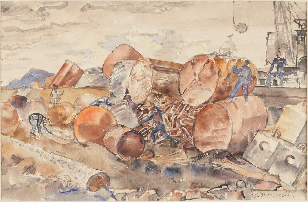 Remoção de bóias e bóias desgastadas e enferrujadas para conserto na Grã-Bretanha (aquarela sobre papel) de Thomas Barclay Hennell