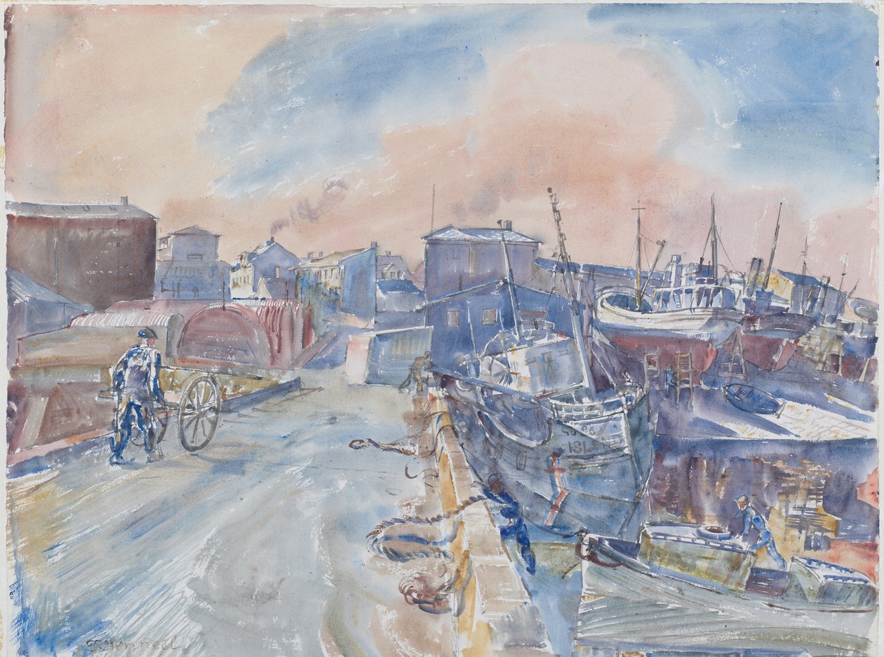 Reykjavik From Main Quay, Frosty Morning, Islândia, c.1930 (aguarela e lápis sobre papel) de Thomas Barclay Hennell