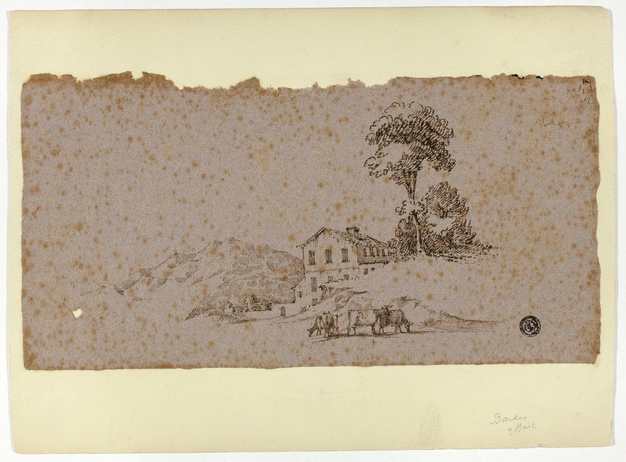 Fazenda nas montanhas com vacas em primeiro plano de Thomas Barker