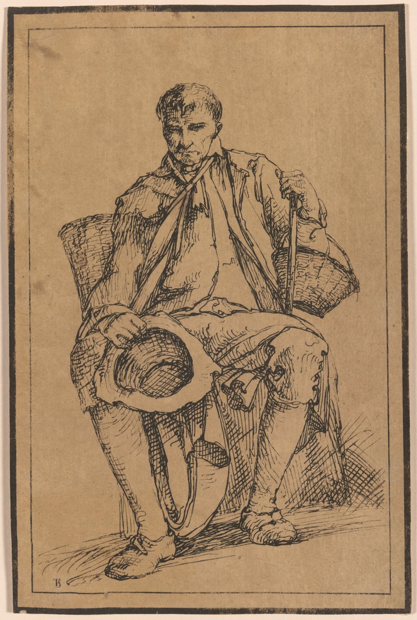 Quarenta impressões litográficas de desenhos de paisagens de Thomas Barker, selecionados de seus estudos de figuras rústicas após a natureza: [Homem sentado com cestos segurando chapéu e bengala de Thomas Barker