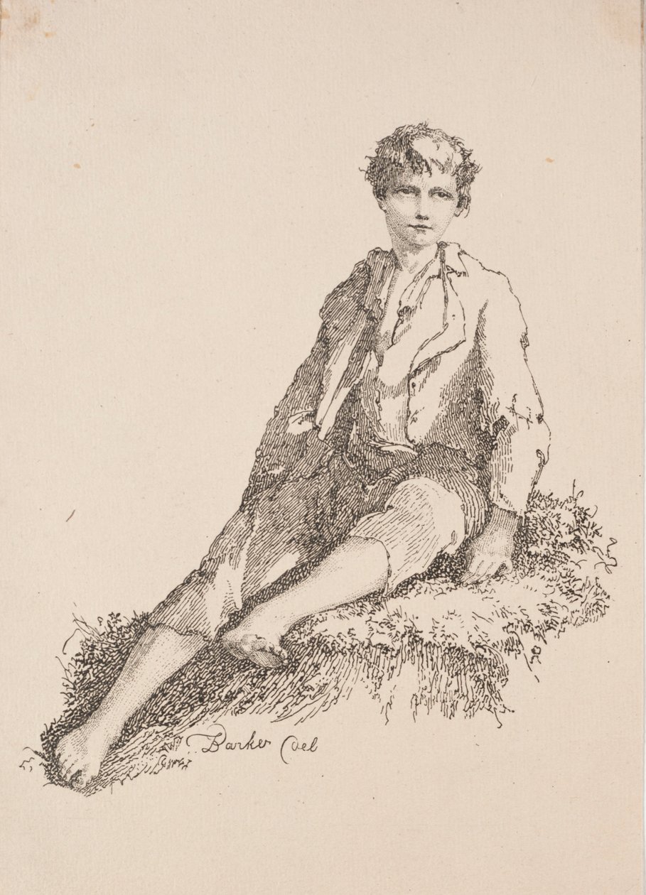 Espécimes de poliautografia: menino sentado em um banco gramado, 1803. de Thomas Barker