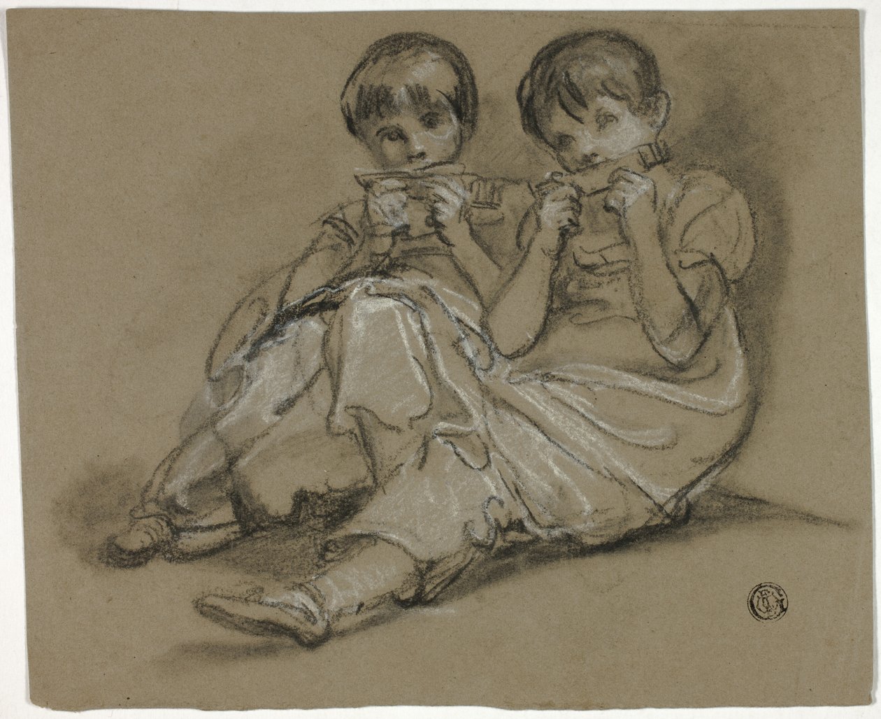 Duas Meninas Brincando em Pentes (reto); Esboço de Mulher Sentada com Fragmento de Outra Figura (verso) de Thomas Barker