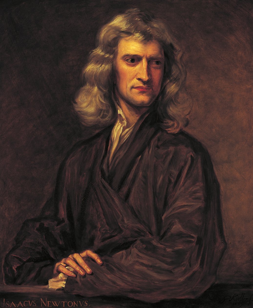 Retrato de Isaac Newton, após o original de Sir Godfrey Kneller de 1689 de Thomas Barlow