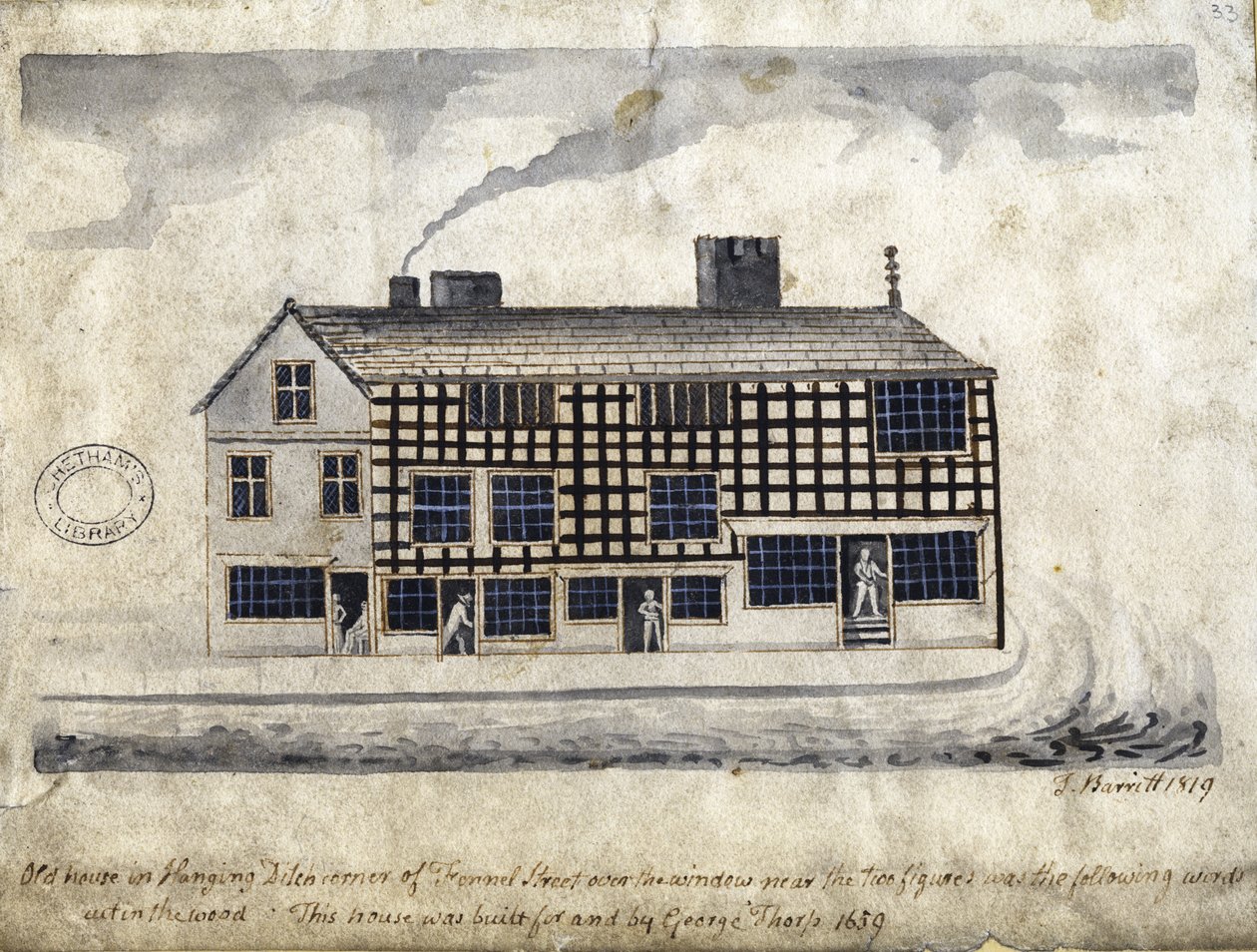 Casa antiga em Hanging Ditch, Manchester, 1819 (caneta e tinta no papel) de Thomas Barritt