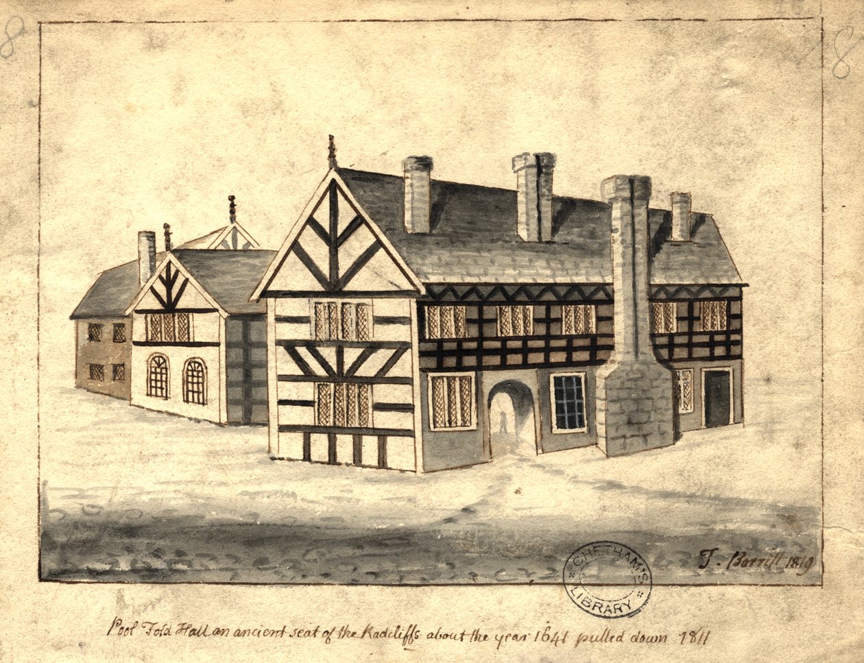 Pool Fold Hall, Manchester, 1819 (caneta e tinta no papel) de Thomas Barritt