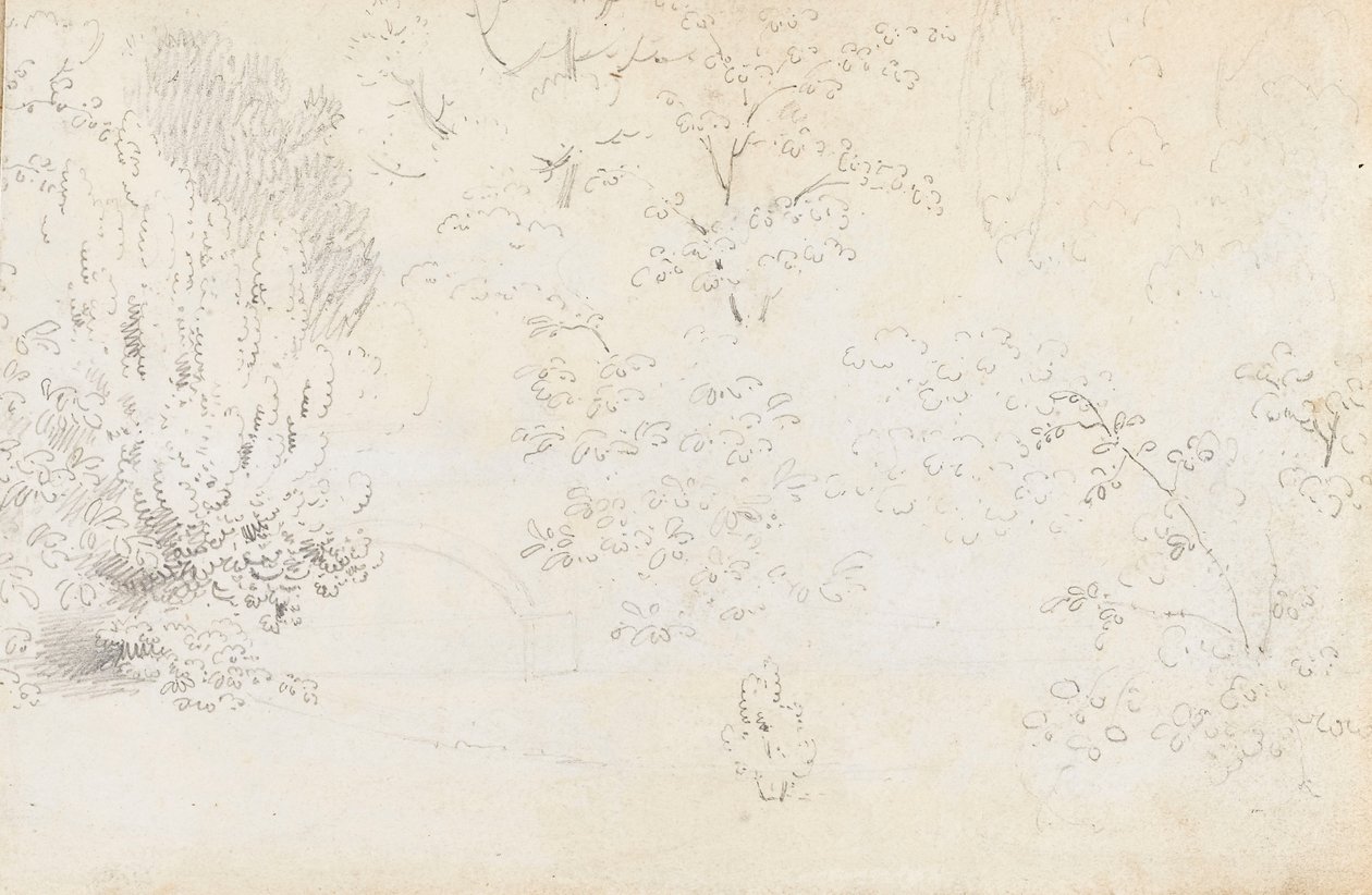 Um estudo a grafite da ponte e das árvores a partir do oeste (verso) de Thomas Baxter