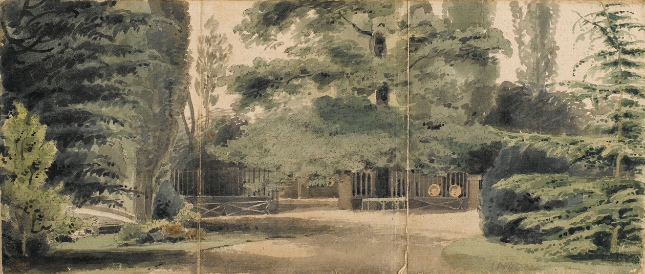 Caminhos e uma vedação por baixo de árvores nos terrenos de Merton de Thomas Baxter