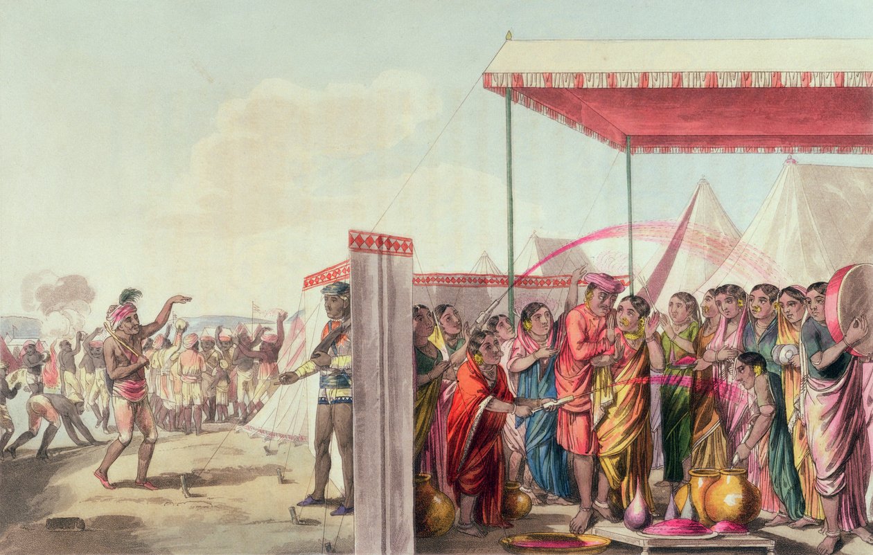 Jogando o Hohlee, de &39;A Mahratta Camp&39;, 5 de abril de 1813 (gravura a cores) de Thomas Baxter
