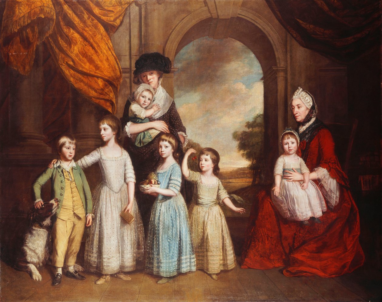 Um retrato de grupo das crianças Craven, de corpo inteiro, diante de um arco com uma paisagem além, 1776 de Thomas Beach