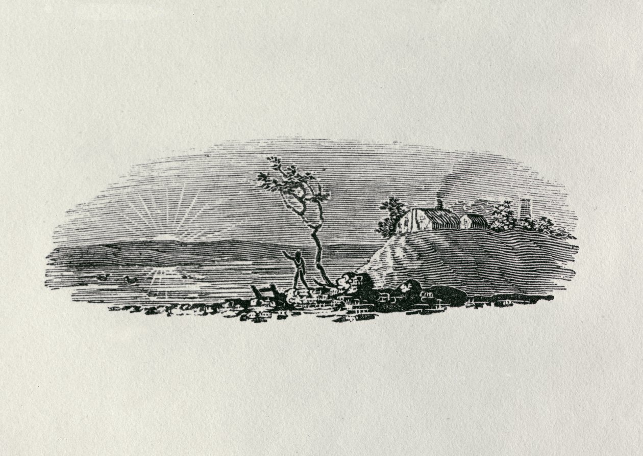 Por do sol do inverno da "história de pássaros britânicos e quadrúpedes" (gravura do bw) de Thomas Bewick