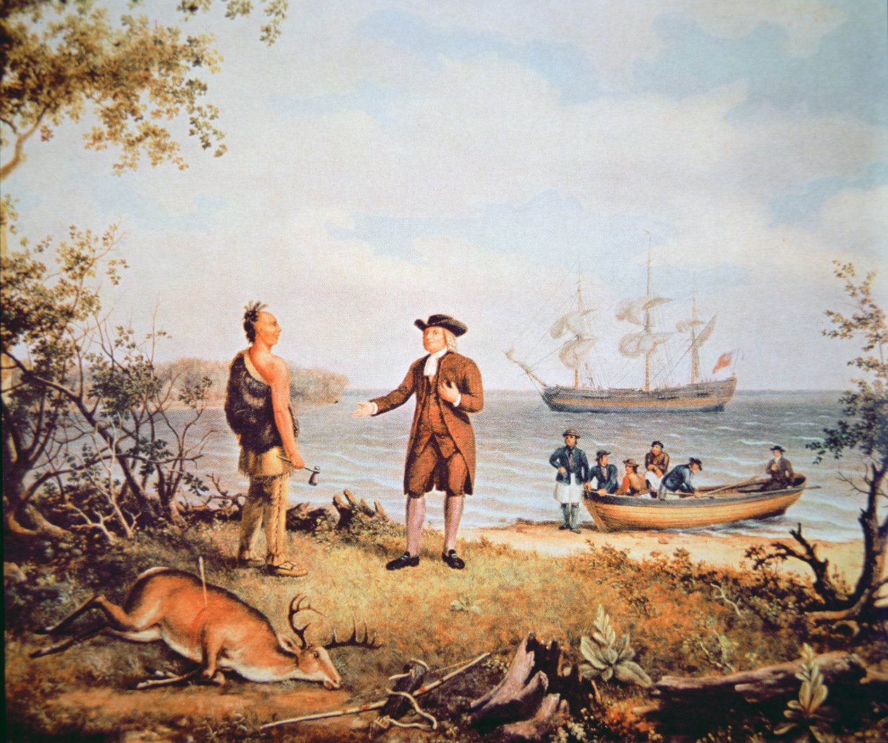 William Penn chega à América pela primeira vez e conhece um nativo americano em 1682 (óleo sobre tela) de Thomas Birch