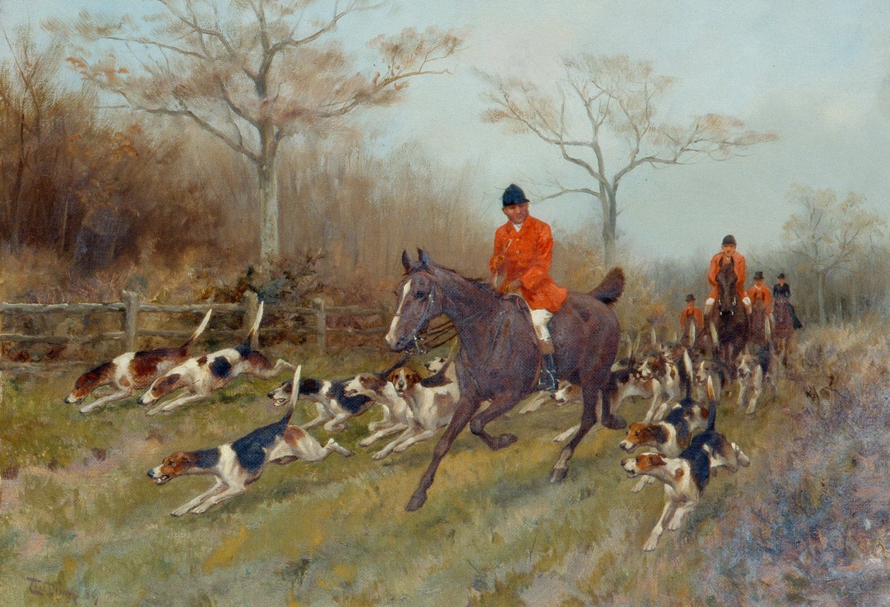 Caçadores e cães de caça numa paisagem arborizada de Thomas Blinks