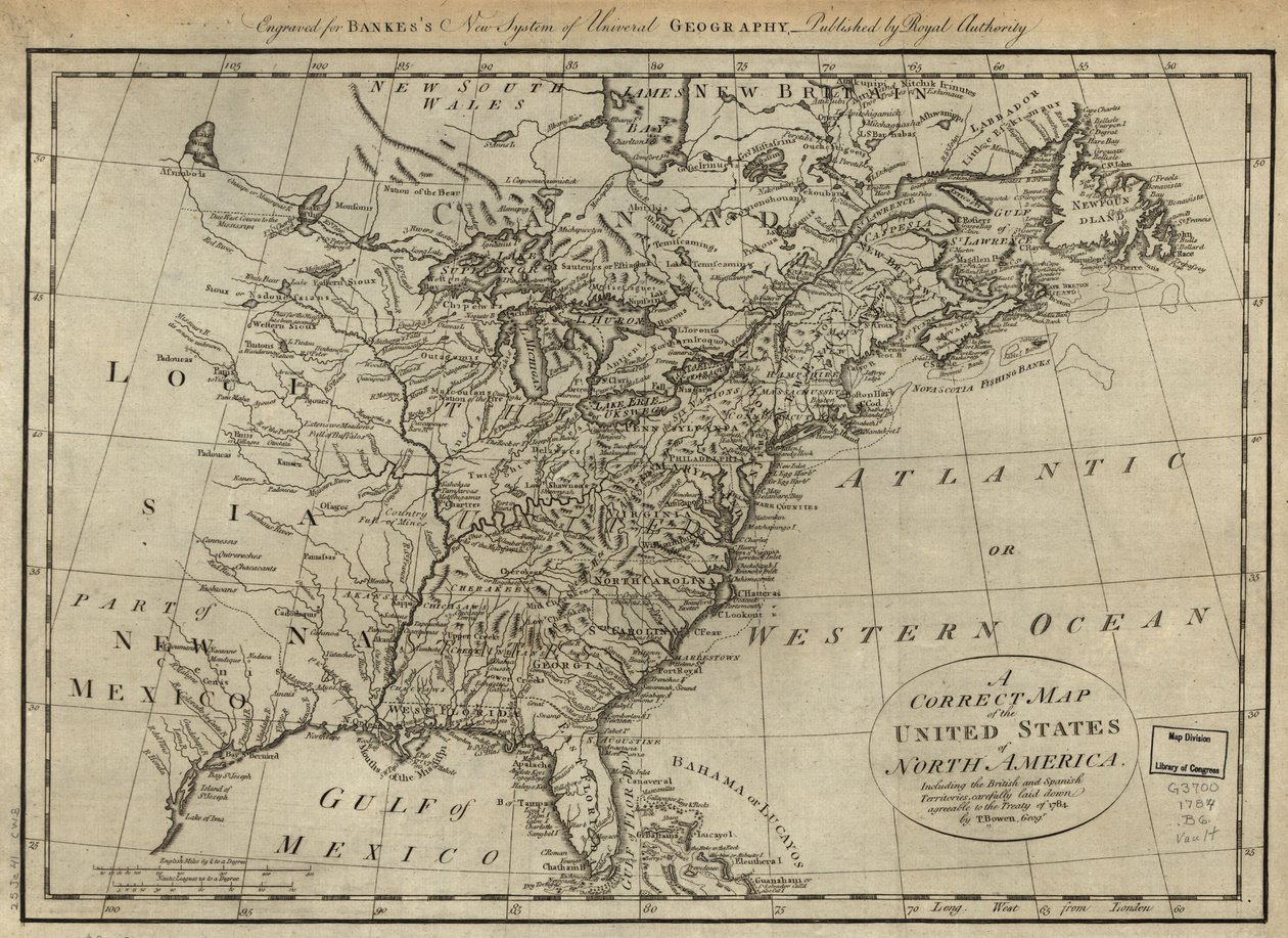Um mapa correto dos Estados Unidos da América do Norte, incluindo os territórios britânicos e espanhóis, cuidadosamente elaborado de acordo com o tratado de 1784. LOC 74692103 de Thomas Bowen