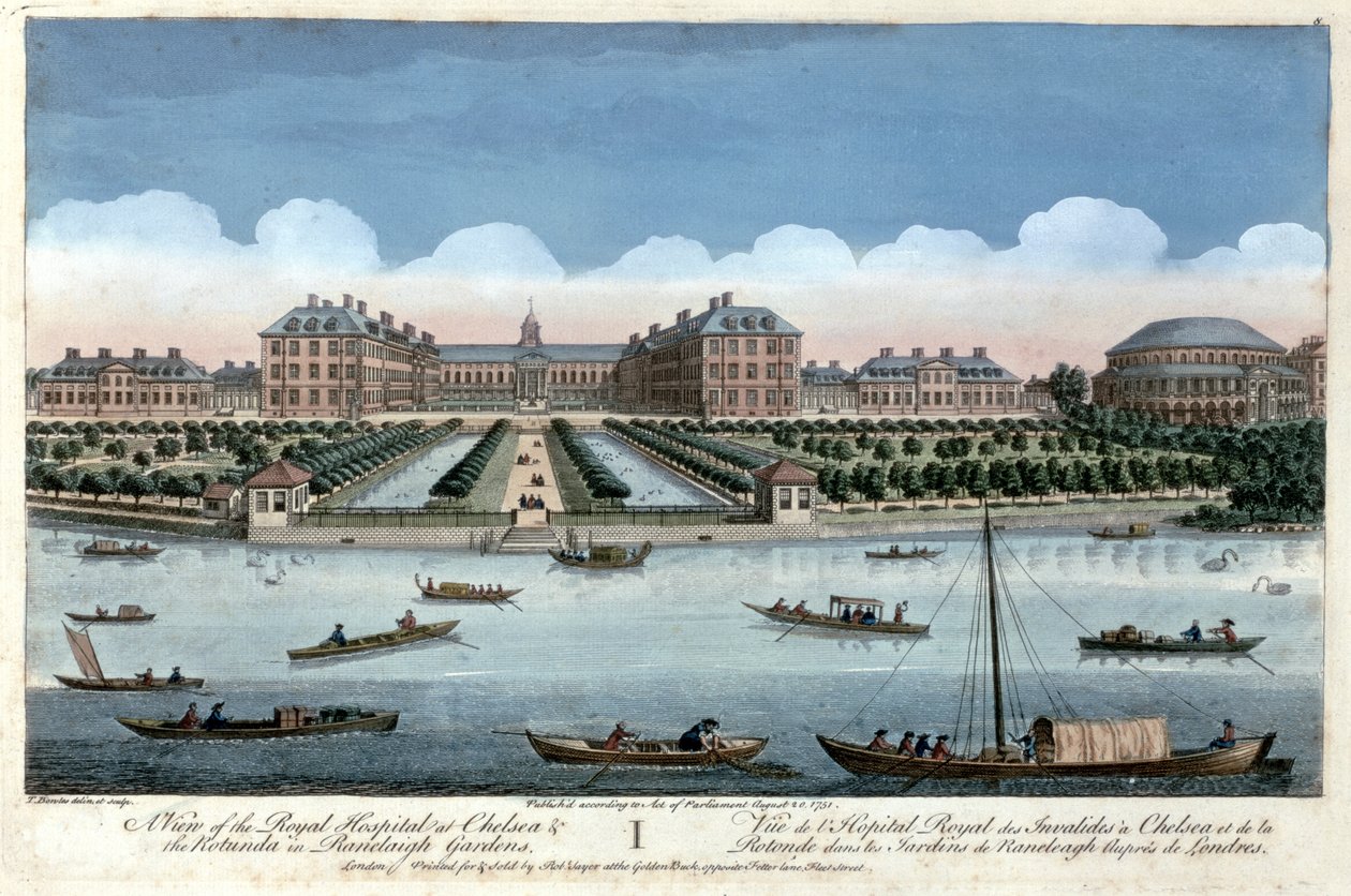 Uma vista do Royal Hospital em Chelsea e da Rotunda em Ranelagh Gardens, Londres, 1751 de Thomas Bowles