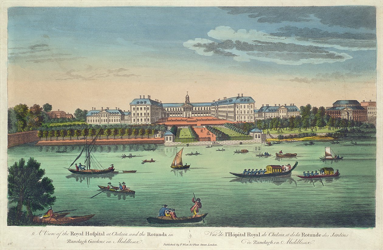 Uma vista do hospital real em Chelsea e na rotunda em jardins de Ranelaigh, bar. por Robert Sayer, 1751 de Thomas Bowles