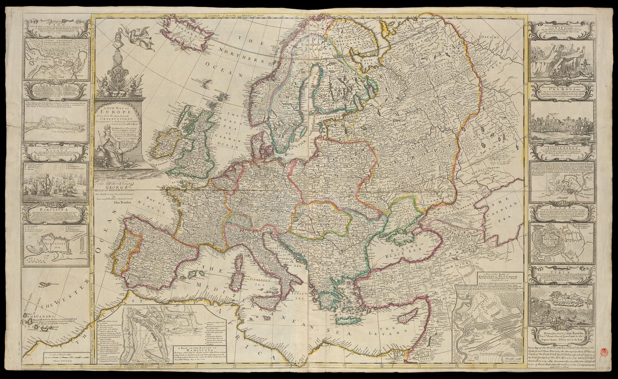 Novo mapa da Europa feito a partir das observações mais exactas comunicadas à Royal Society em Londres e Paris, c.1720 (desenho técnico) de Thomas Bowles