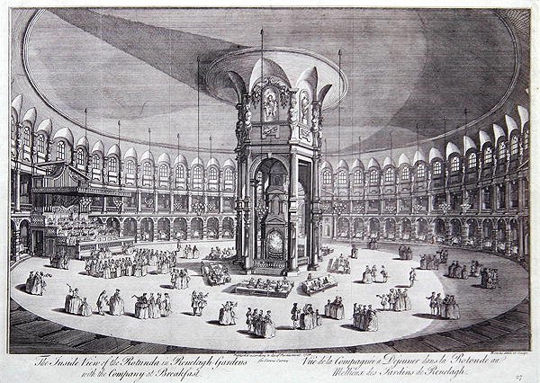 A vista interior da Rotunda em Ranelagh Gardens com a Companhia ao pequeno-almoço, do "Survey of the Cities of London and Westminster" de John Stowe de Thomas Bowles