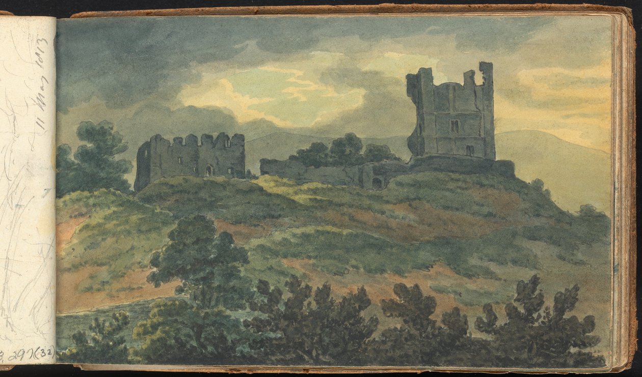 Álbum de Estudos da Paisagem e das Figuras: Ruínas de castelo no topo de uma colina de Thomas Bradshaw