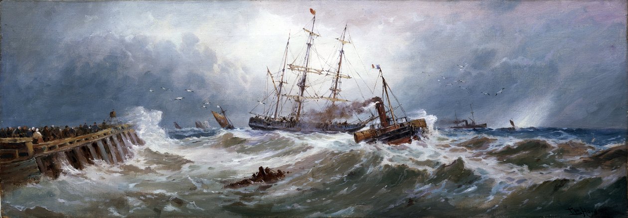 Um rebocador francês a puxar um barco no porto de Boulogne (França), em mares difíceis. Óleo sobre tela de Thomas Bush Hardy