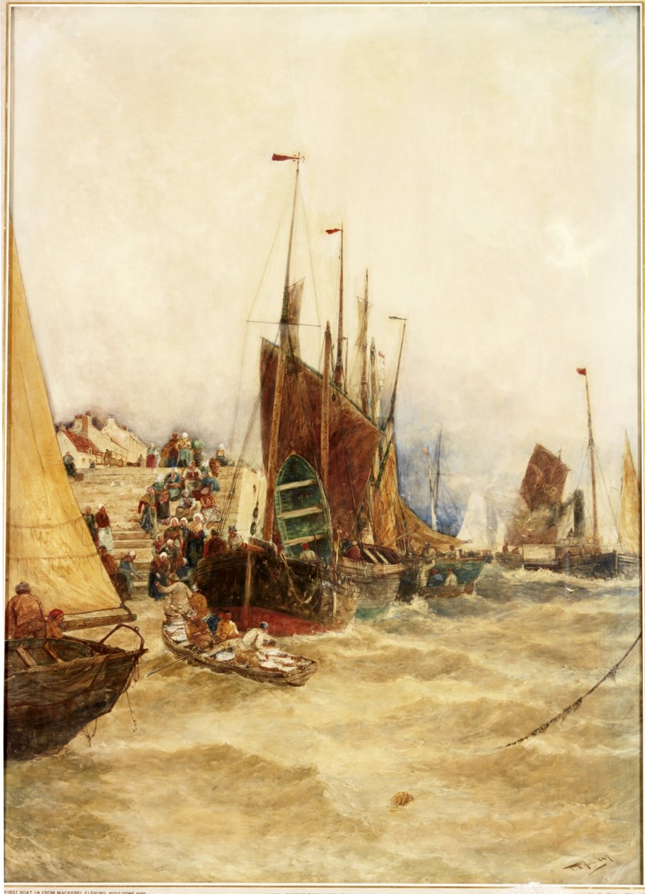 O Primeiro Barco da Pesca de Mackeral, Boulogue, 1889 (aquarela sobre papel colocada sobre tela) de Thomas Bush Hardy
